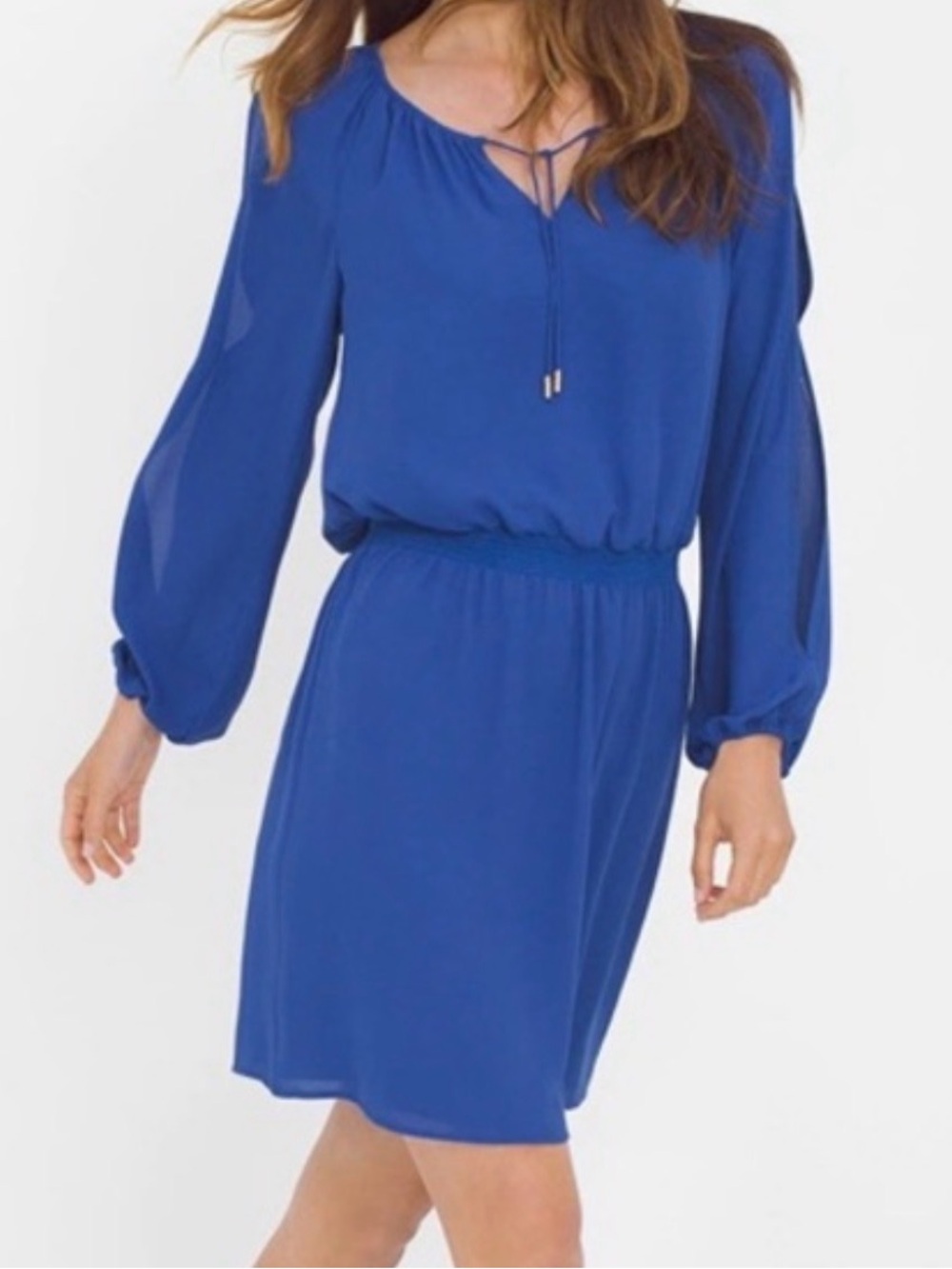 White House Black Market Royal Blue Long-Sleeve Elastic-Waist Dress